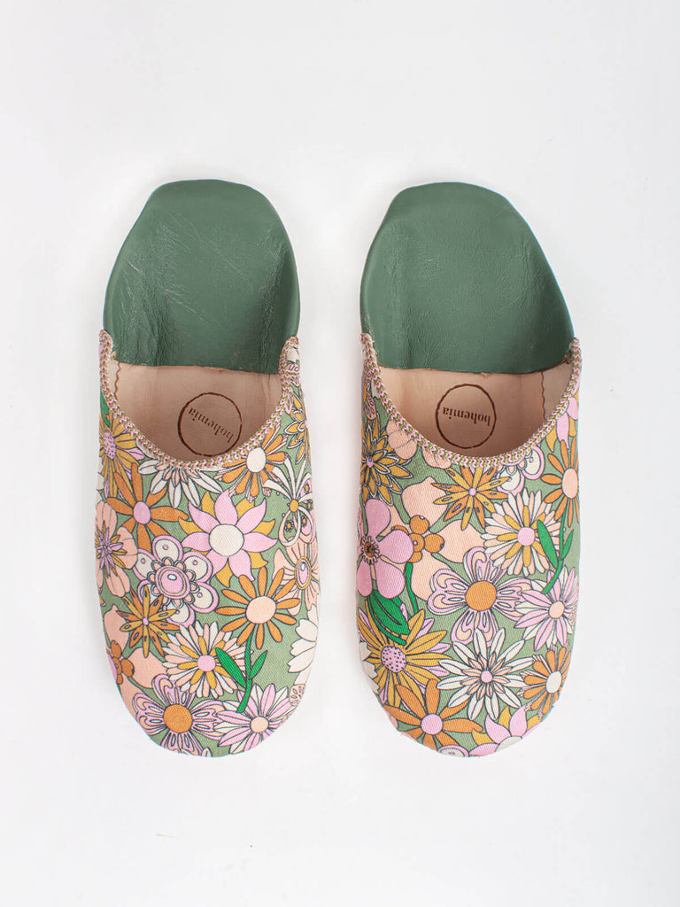 Handmade Moroccan Babouche Slippers in green and pink floral pattern