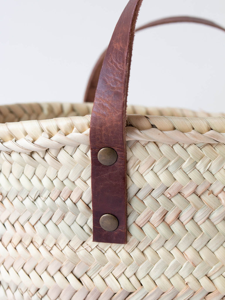 Detail of leather handles on Mini valencia basket by Bohemia Design