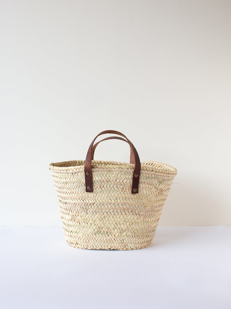 Mini valencia basket with tan leather handles by Bohemia Design