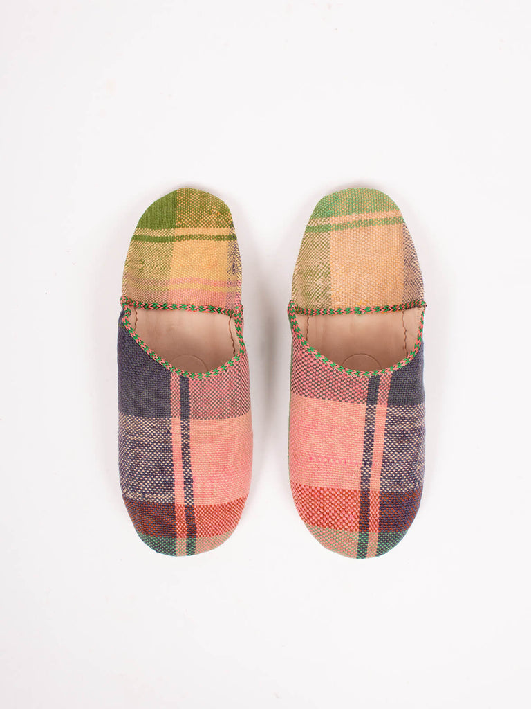 Moroccan babouche boujad slippers in pink and purple spring check pattern by bohemia design