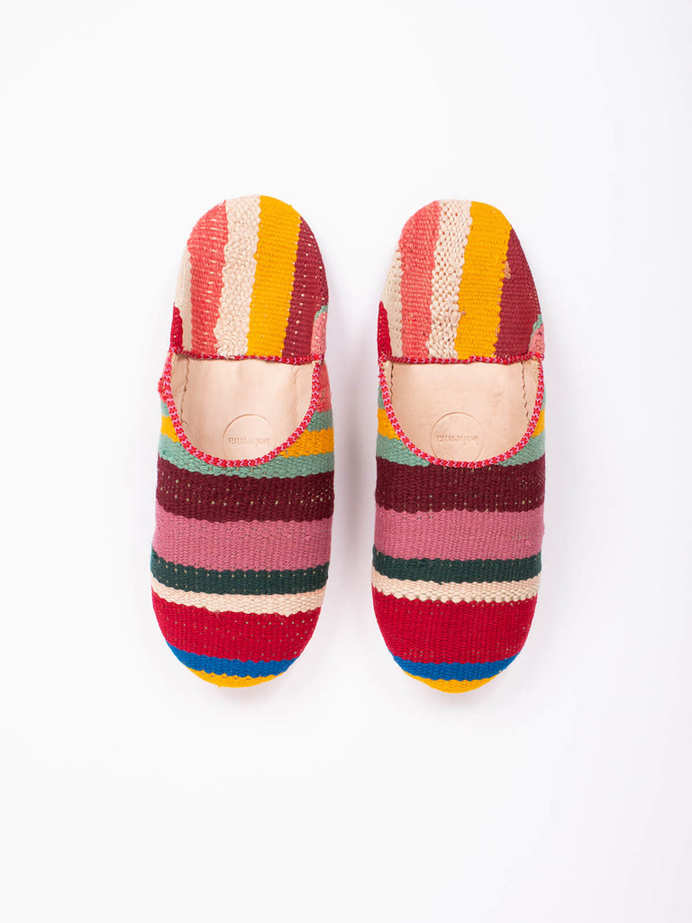 Moroccan boujad babouche slippers in carnival stripe pattern by Bohemia Design