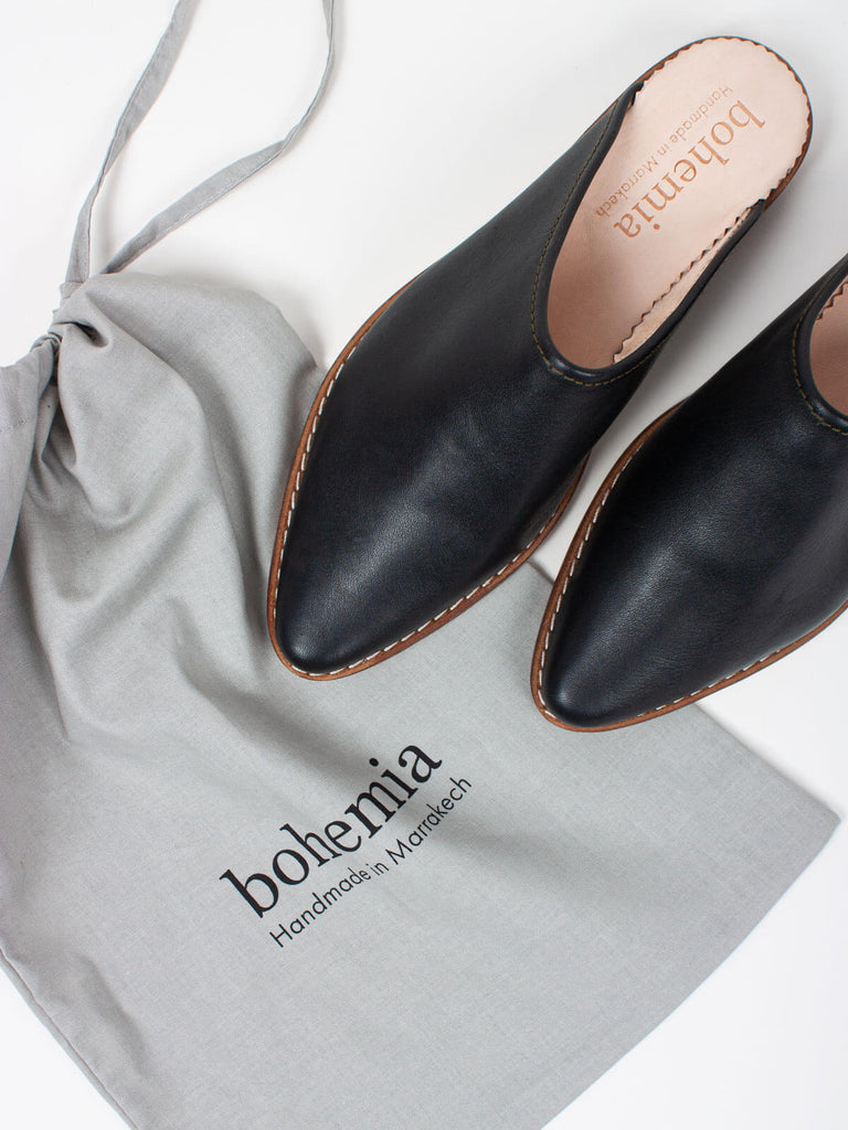 Bohemia-leather-mules-black-with-cotton-drawstring-dust-bag