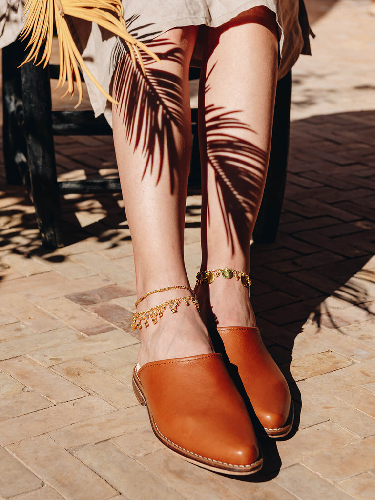 Bohemia-leather-mules-tan-modelled-with-anklets