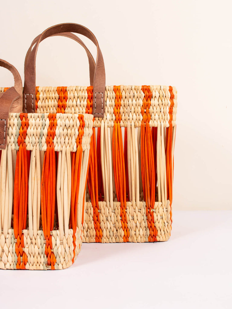 Bohemia Design decorative reed natural woven basket bags with leather handles and orange stripe pattern
