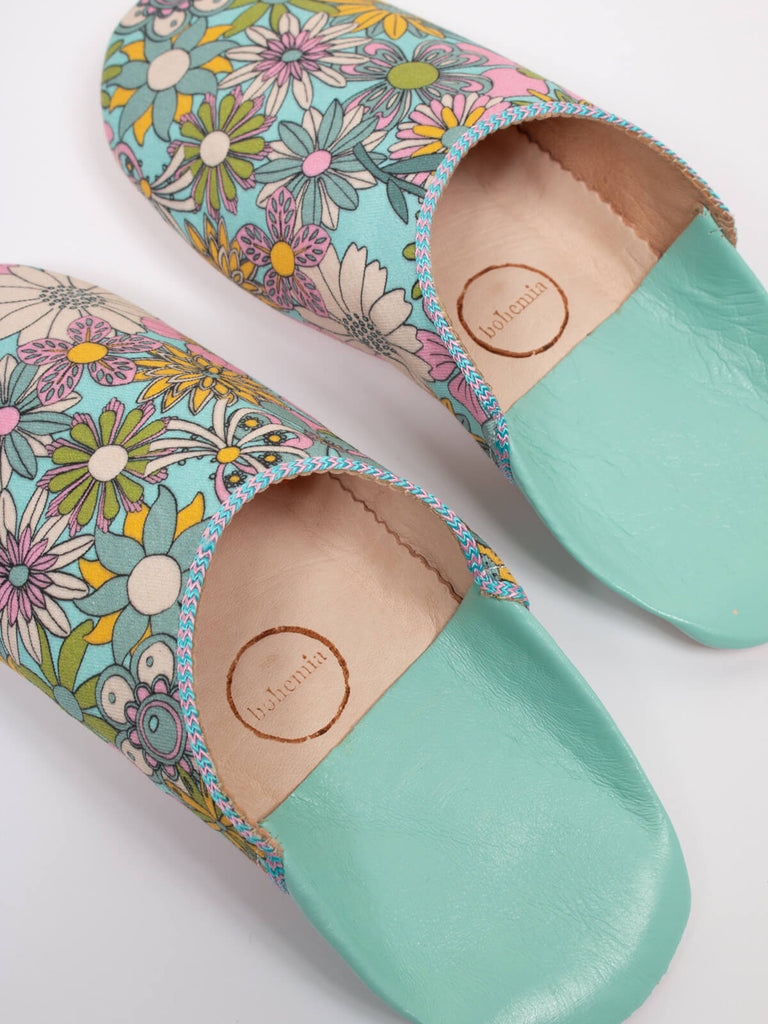 Soft leather babouche slippers with floral pattern in duck egg by Bohemia Design