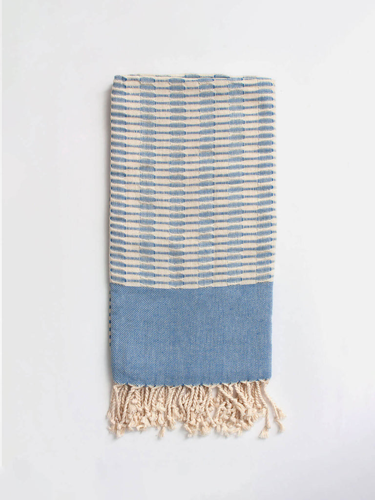Blue and cream striped Turkish cotton hammam towel with hand knotted tassels