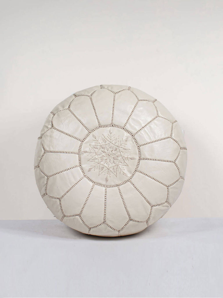 Moroccan Leather Pouffe in chalk colour with embroidered stitched design by Bohemia Design