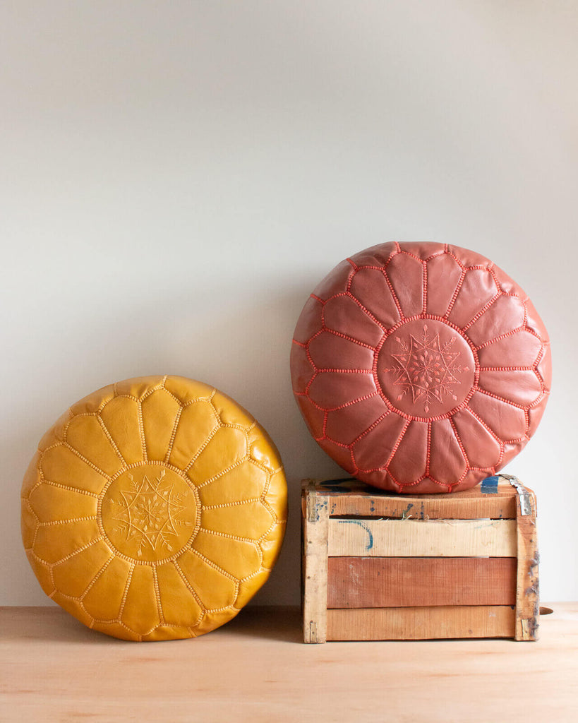 Moroccan Leather Pouffes in Mustard and Terracotta