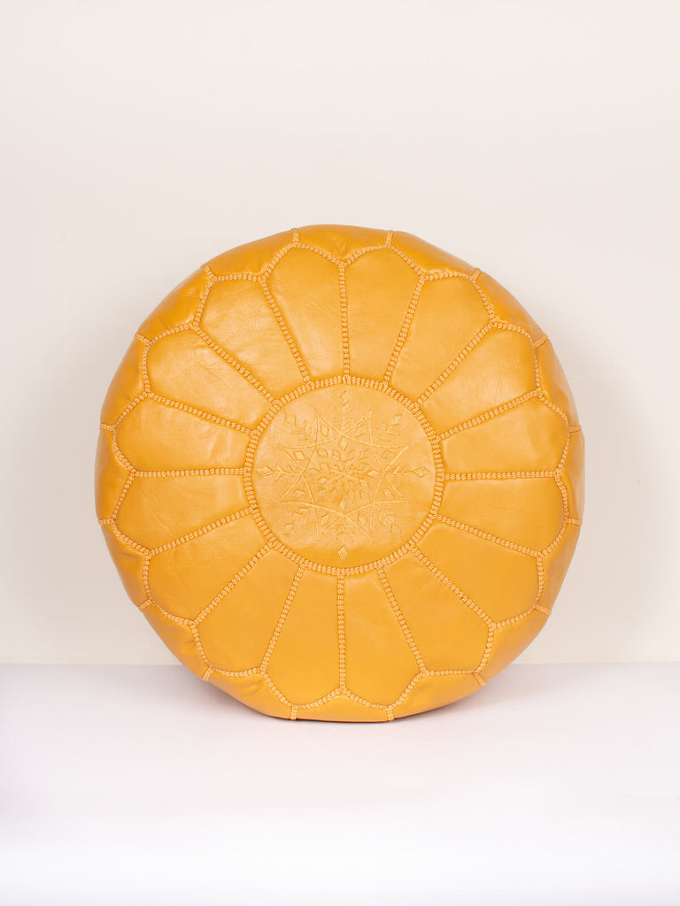 Moroccan Pouffe in mustard yellow leather with hand embroidered design
