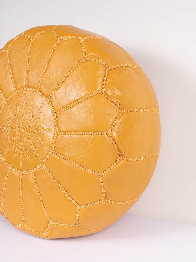 Handcrafted Moroccan Leather Pouffe in mustard yellow