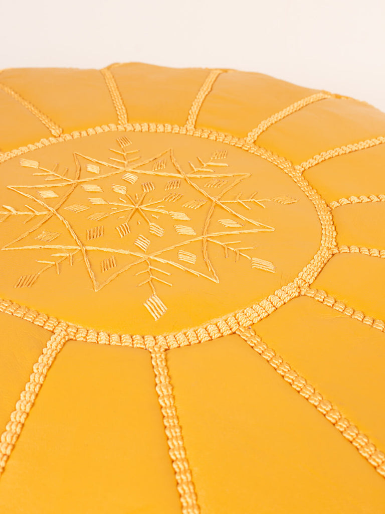 Hand embroidered Moroccan leather pouffe in bright mustard yellow