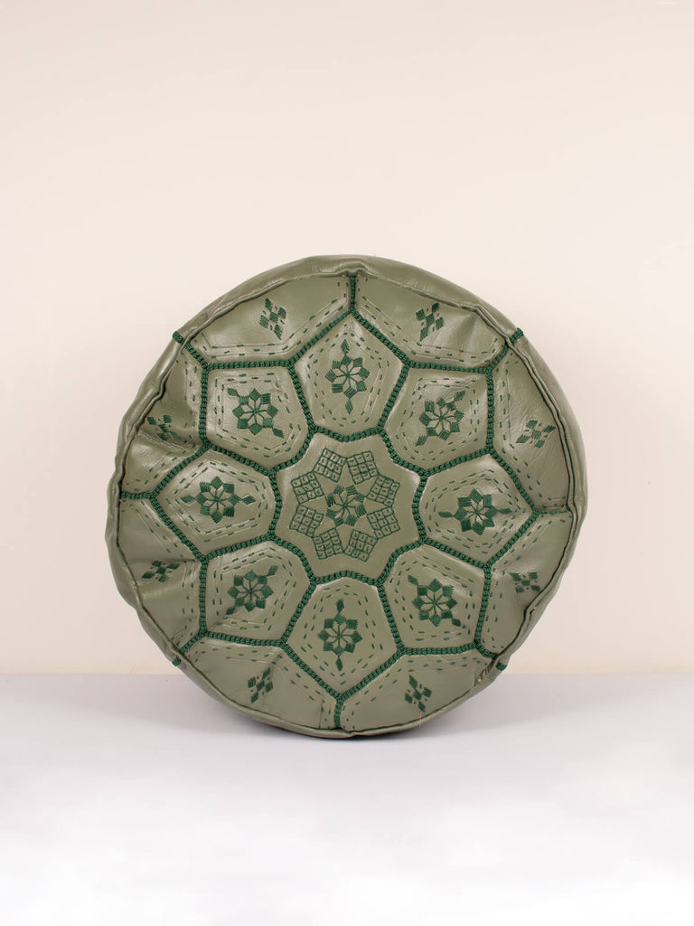 Moroccan Leather Tile Pouffe in Olive with intricate hand embroidered pattern by Bohemia Design