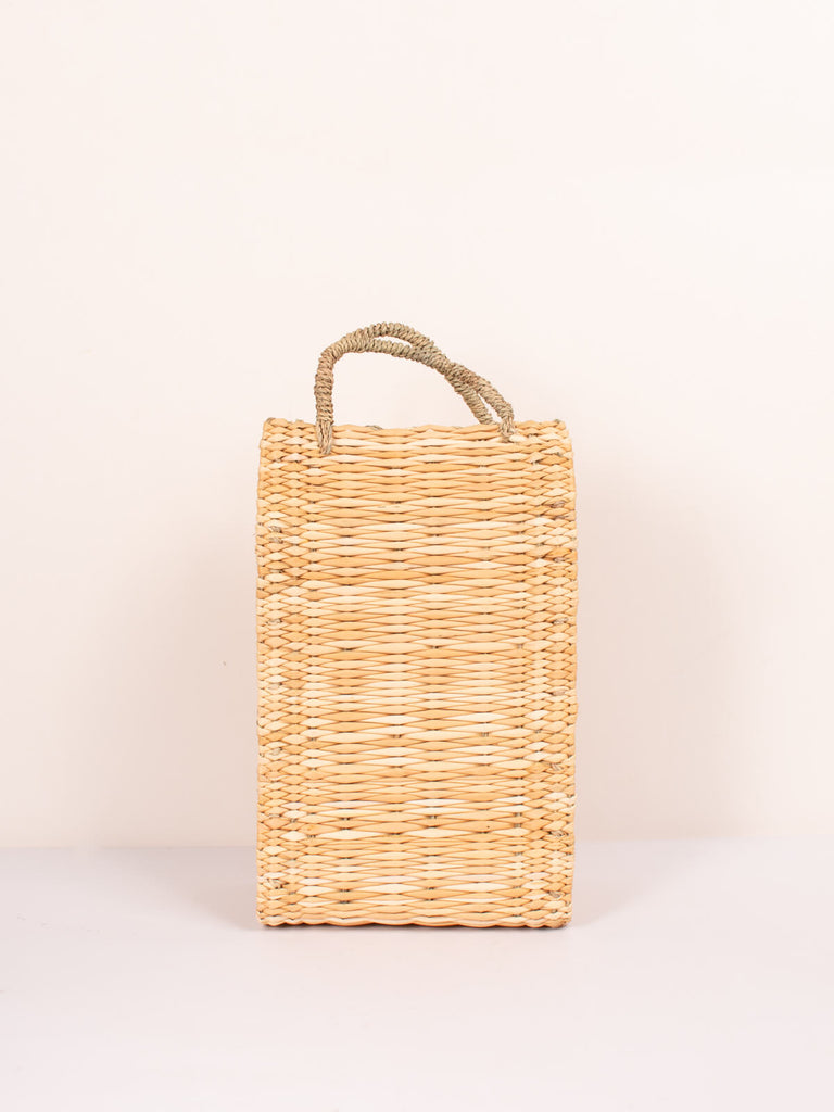 Handwoven natural reed box basket bag with short sturdy handles
