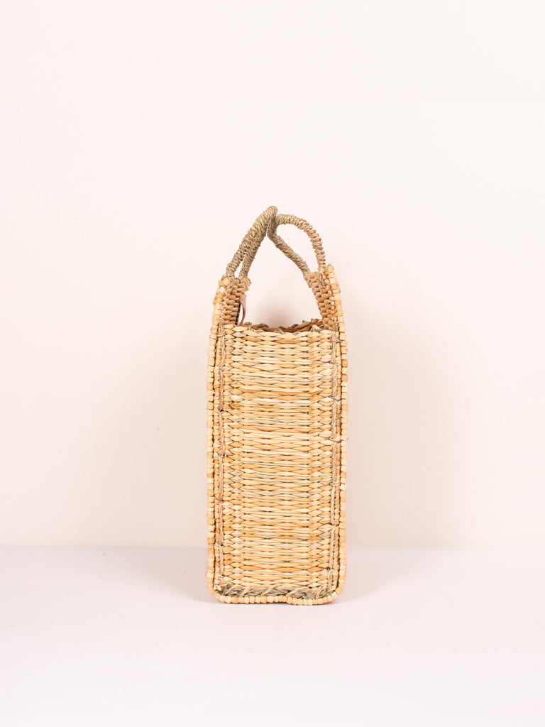 Handwoven natural reed box basket bag with short sturdy handles