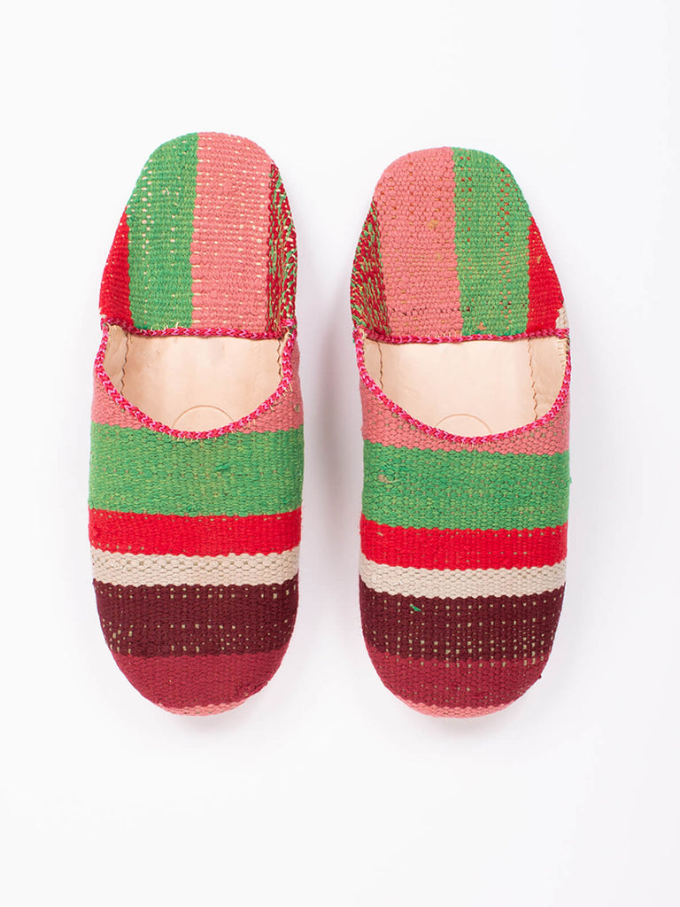 Moroccan boujad babouche slippers in carnival stripe pattern by Bohemia Design