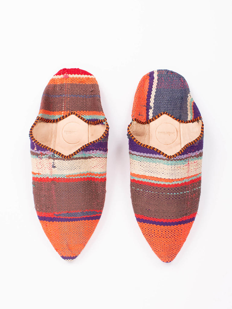 Moroccan pointed boujad babouche slippers in striped purple haze pattern by Bohemia Design