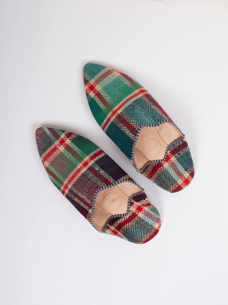 Moroccan babouche boujad slippers in plum and green check pattern by Bohemia Design