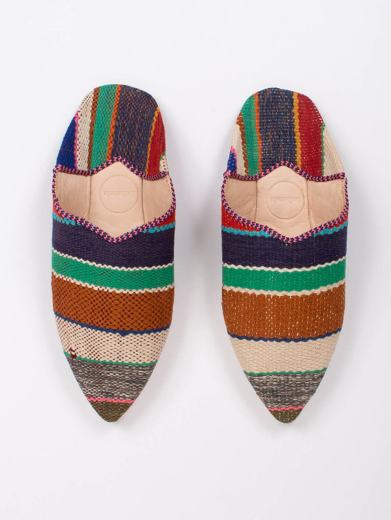 Moroccan babouche pointed slippers in a vintage stripe textile pattern by Bohemia Design