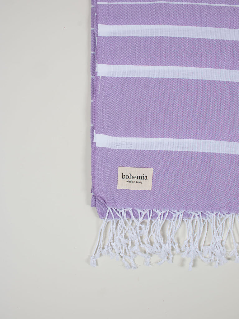 Ibiza Summer Hammam Towel in lilac stripe pattern by Bohemia Design