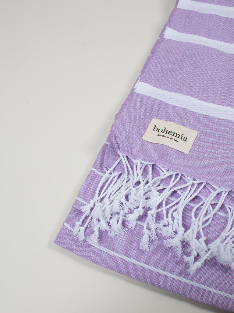 Ibiza Summer Hammam Towel in lilac stripe pattern by Bohemia Design