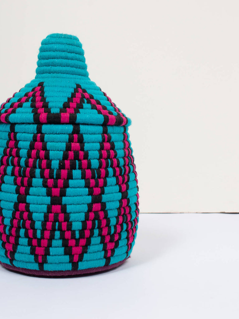 Moroccan wool storage pot by Bohemia Design blue and pink pattern