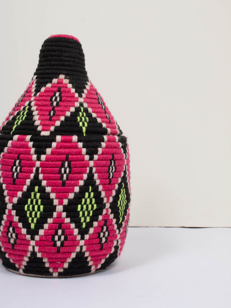 Moroccan wool storage pot by Bohemia Design in pink and black