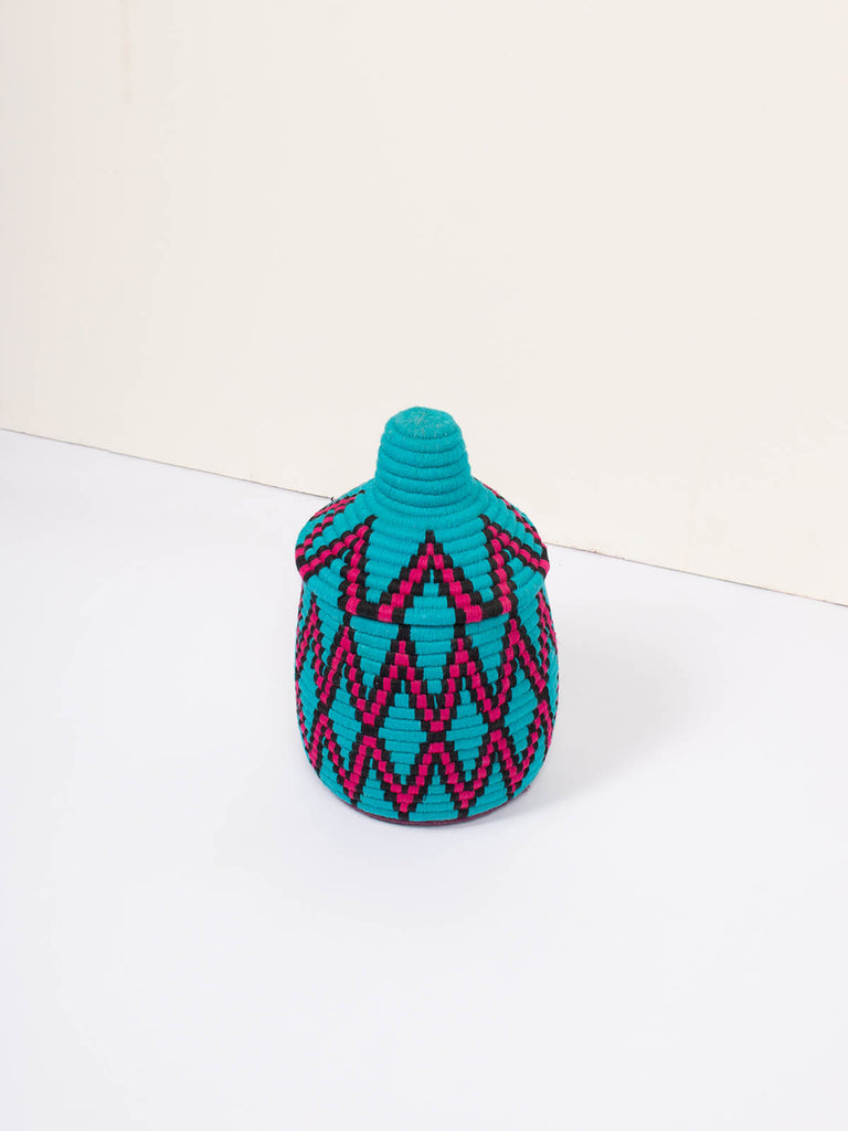 Moroccan wool storage pot by Bohemia Design blue and pink pattern