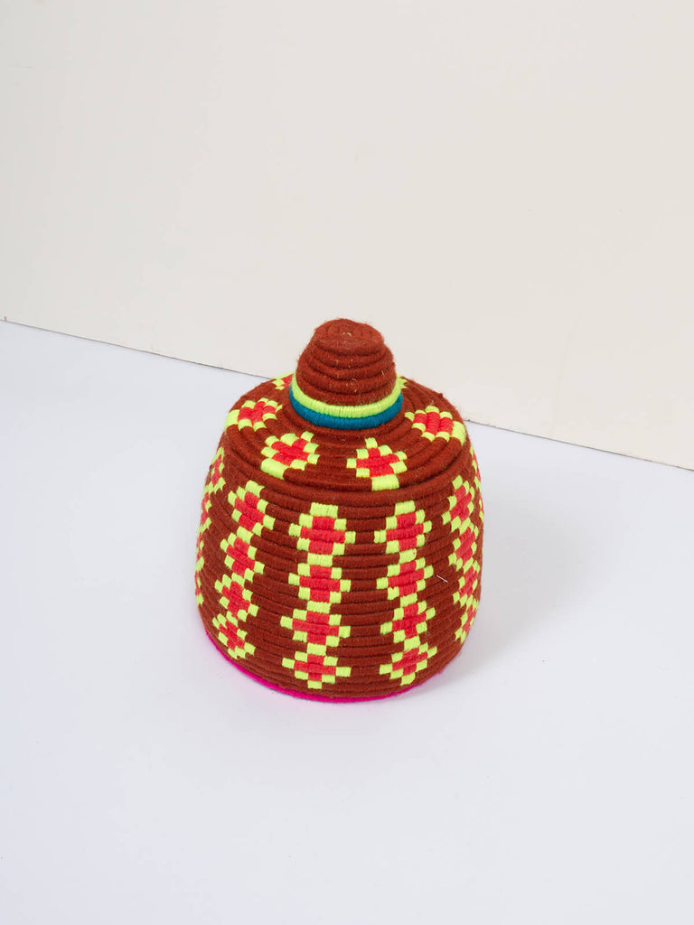 Moroccan wool storage pot by Bohemia Design in brown and neon pattern