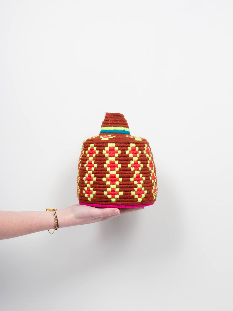 Moroccan wool storage pot by Bohemia Design in brown and neon pattern