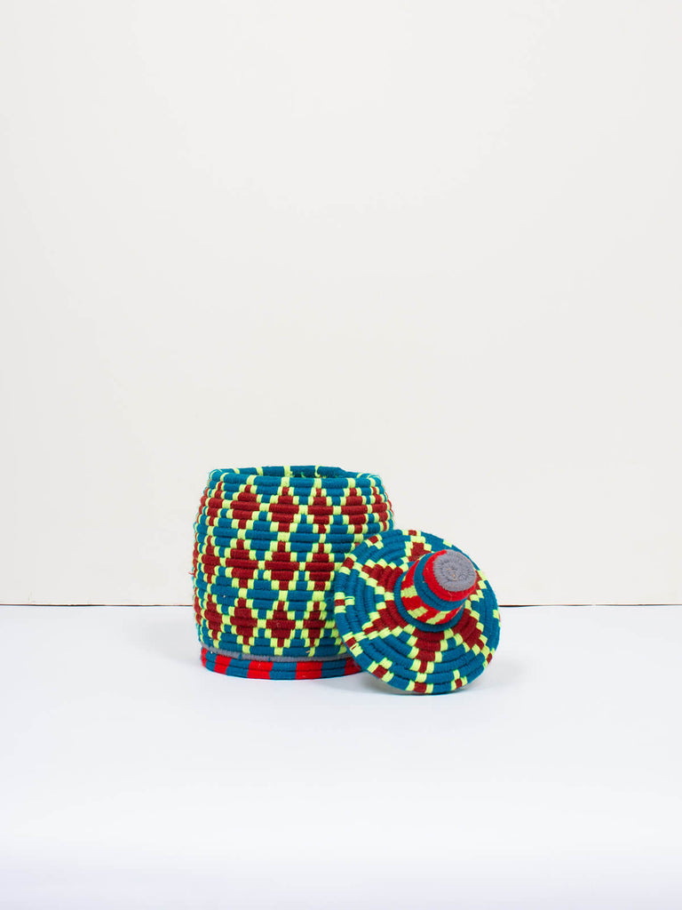 Moroccan wool storage pot by Bohemia Design in a teal and neon pattern