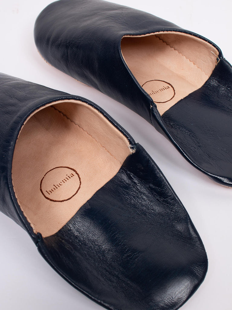 Moroccan babouche mule slippers in indigo leather by Bohemia Design