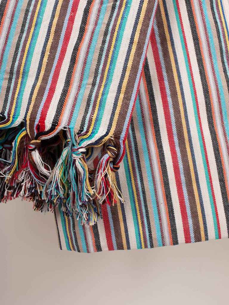 Hammam towel in rainbow stripe pattern with tassels