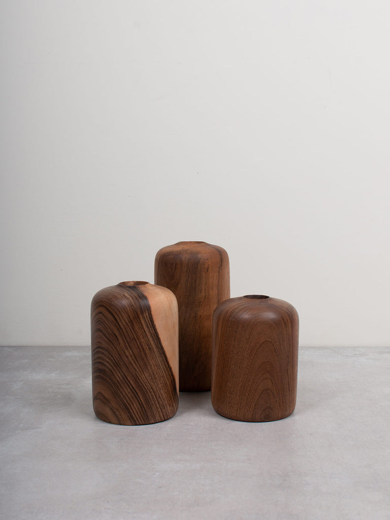 Group of three Walnut wood mini vases by Bohemia Design