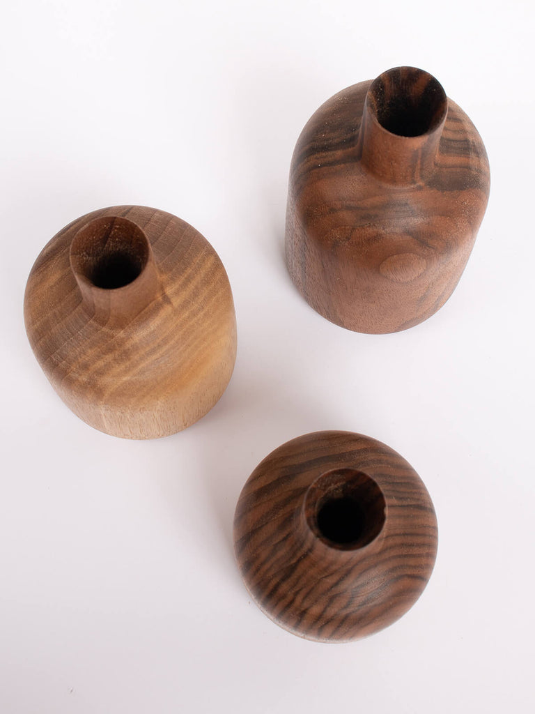 Three mini walnut wood vases Arlo by Bohemia Design