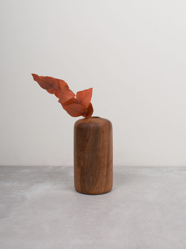 walnut wood mini vase by Bohemia Design with dried flower stems