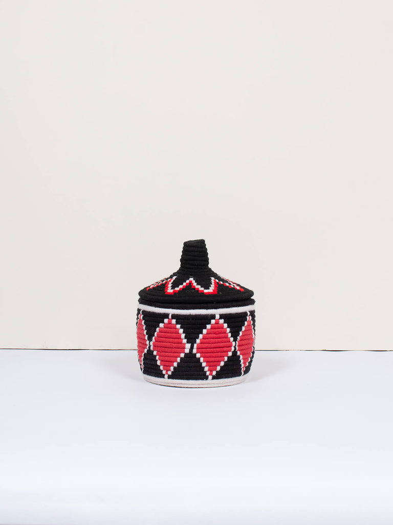 Moroccan wool storage pot by Bohemia Design in black and red pattern
