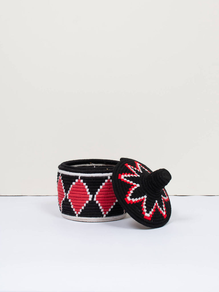 Moroccan wool storage pot by Bohemia Design in black and red pattern