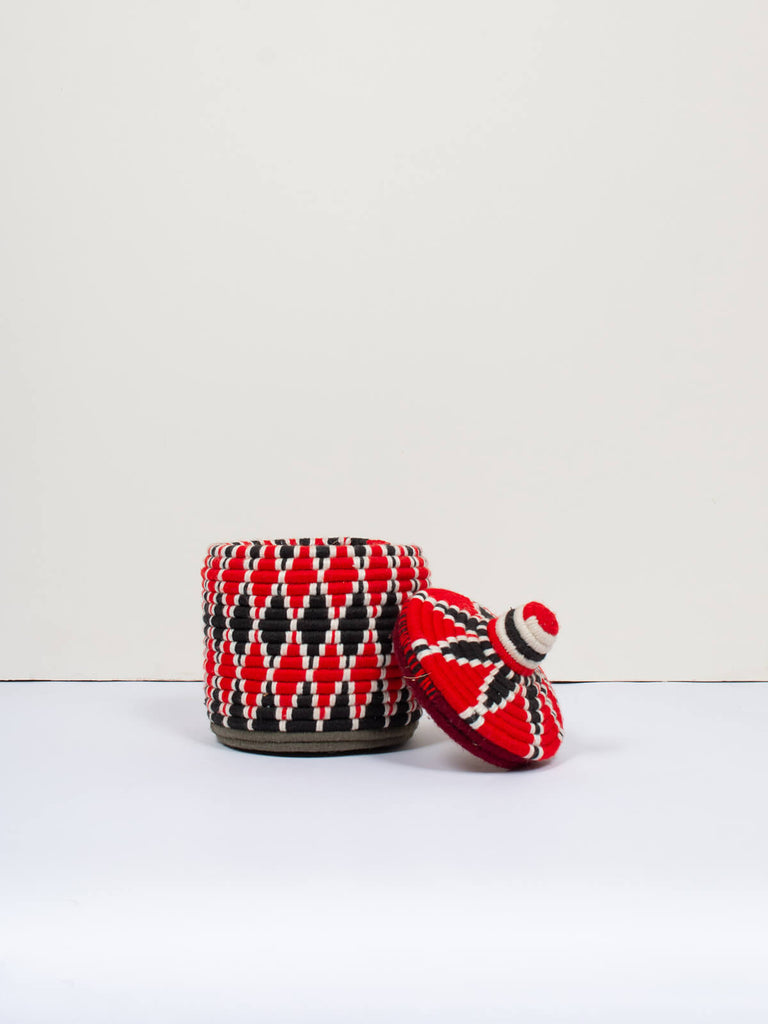 Moroccan wool storage pot by Bohemia Design in red and black pattern