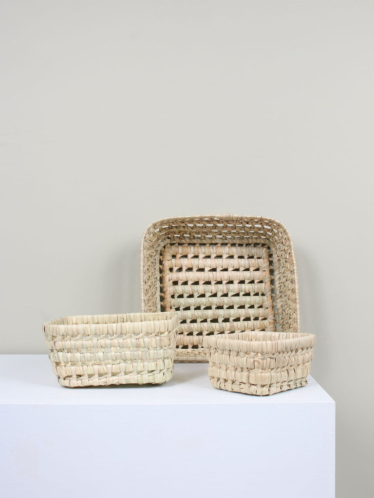 Small, medium and large square natural woven basket trays for home storage